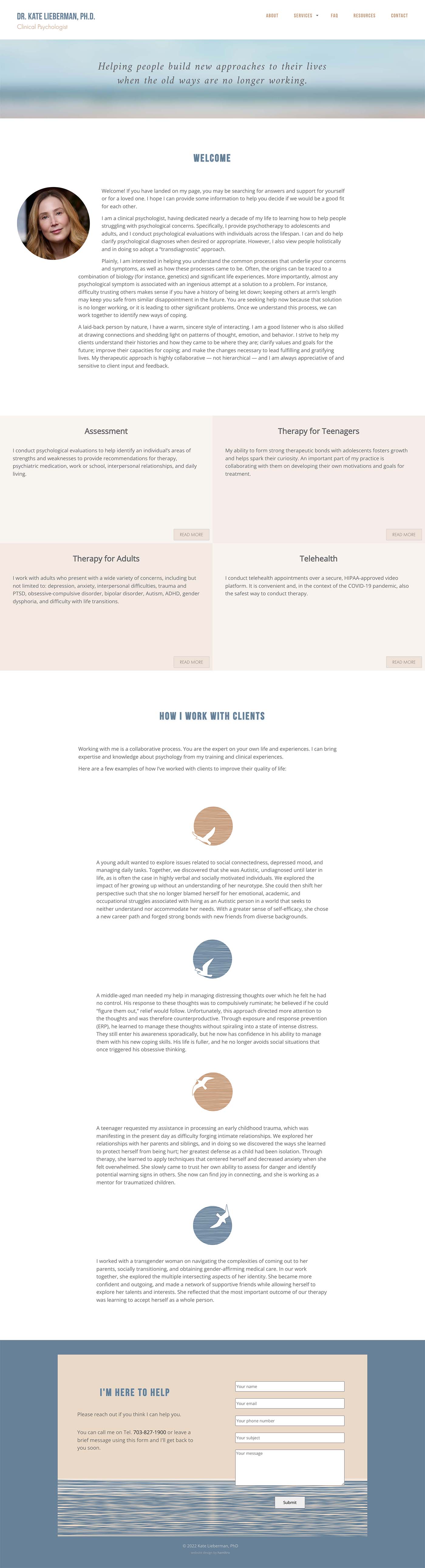 website design for therapists-coaches - Website developed for a clinical psychologist in Alexandria, VA with an open, calm and healing design. - long-scrolling page with rich visual sections to help a user find what they are looking for.