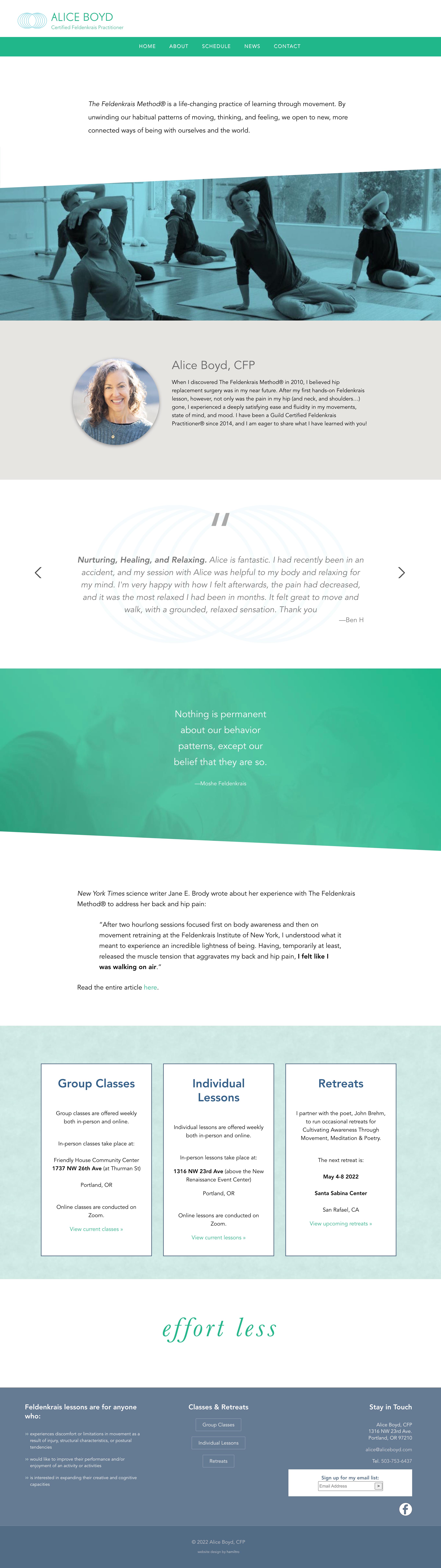 website design for travel-food-health - We created a fresh new website with a green/blue palette and a long-scrolling homepage that provides information about both the practitioner and the Feldenkrais Method® in general. - long-scrolling page with rich visual sections making the website delightful to use.